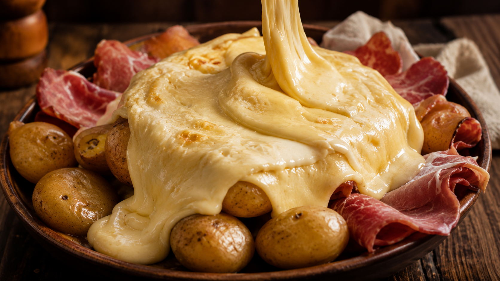 Fromage à raclette fondu coulant sur des pommes de terre et de la charcuterie